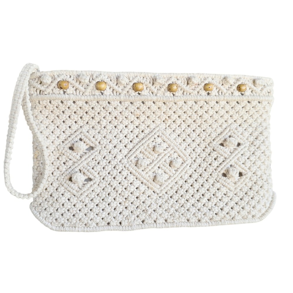 Vintage Macrame Clutch‎ Purse Woven Boho Bag Handbag Beaded Beige Handmade Retro